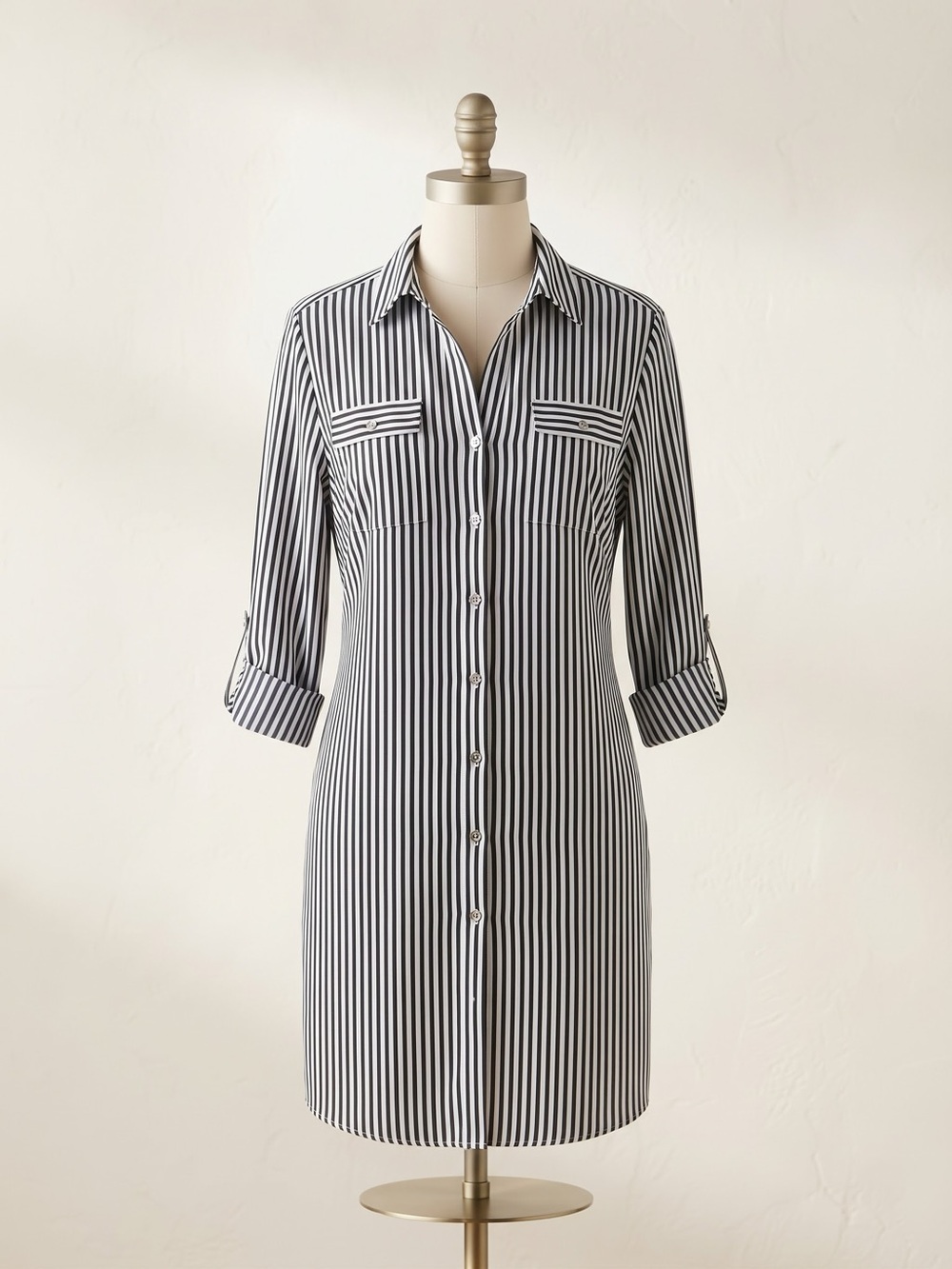 Mlle Gabrielle Black and White Striped Button-Down Shirt Dress
